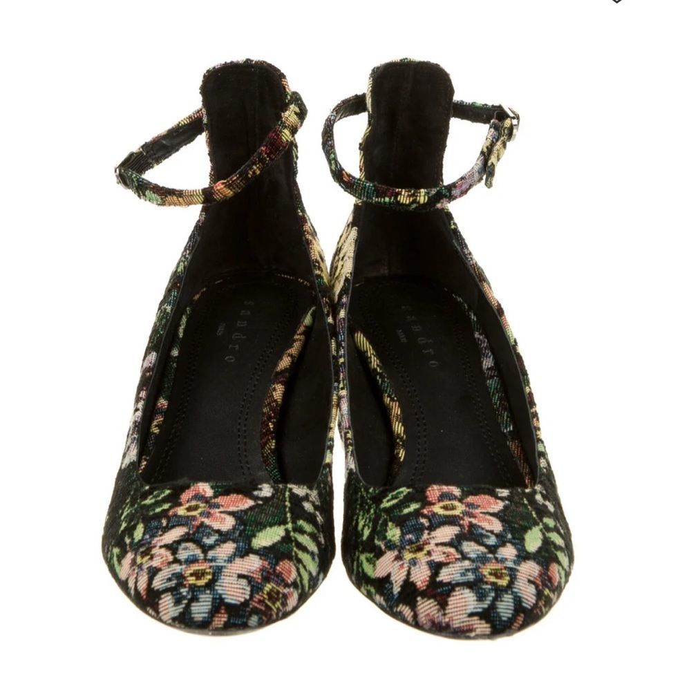 New SANDRO Paris Elise Floral Print Pumps Shoes Size 40 Black with straps - Picture 2 of 12